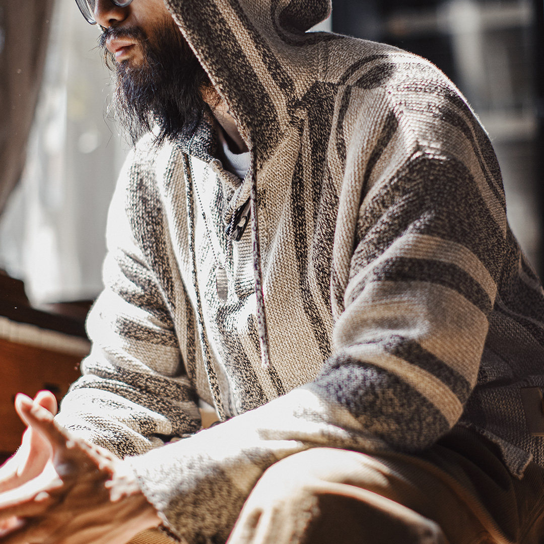 美式復古巴哈半開襟連帽衛衣套頭針織衫薄款垂感外套男春