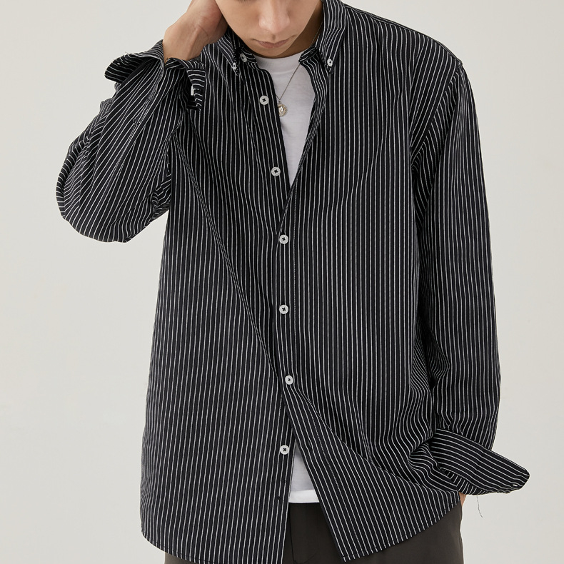 春秋新款輕商務翻領襯衣男條紋開衫長袖休閒男士襯衫