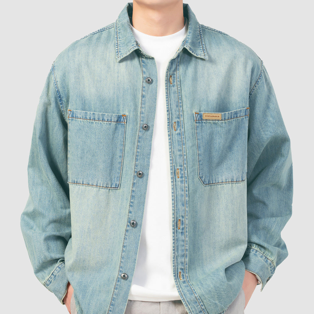 萊賽爾天絲竹節工裝牛仔襯衫男春季水洗寬松長袖襯衣