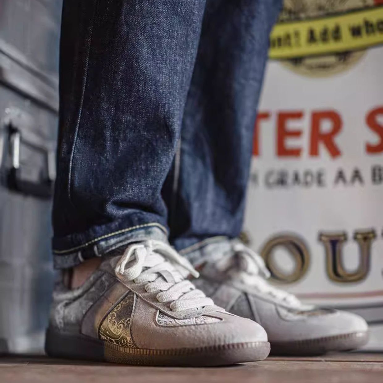 2025夏季新款德訓鞋男士腰果花小衆設計感板鞋絲綢休閒潮鞋子