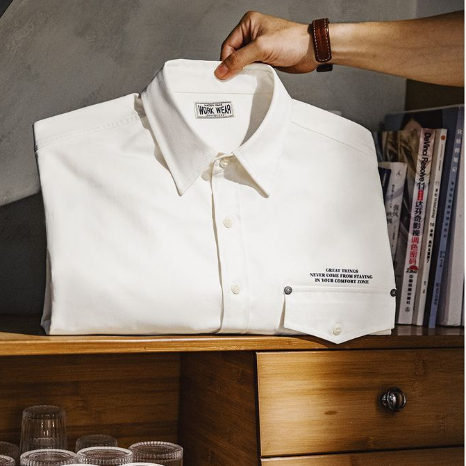 美式休閒人字紋廓形長袖襯衫印花疊穿翻領白色襯衣男秋冬