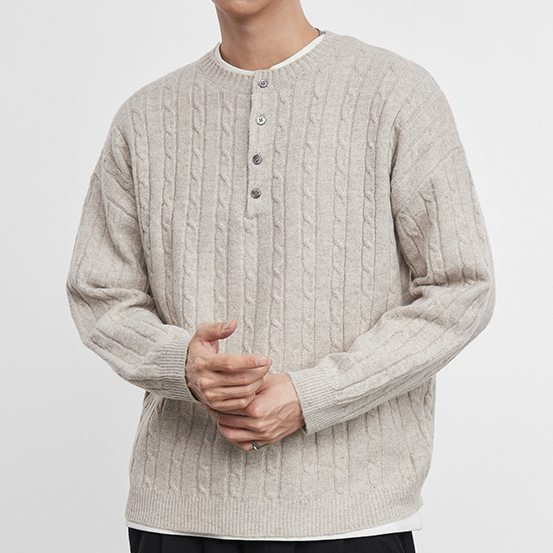 織閒男裝亨利領麻花針織毛衣秋冬復古寬鬆保暖套頭毛衫