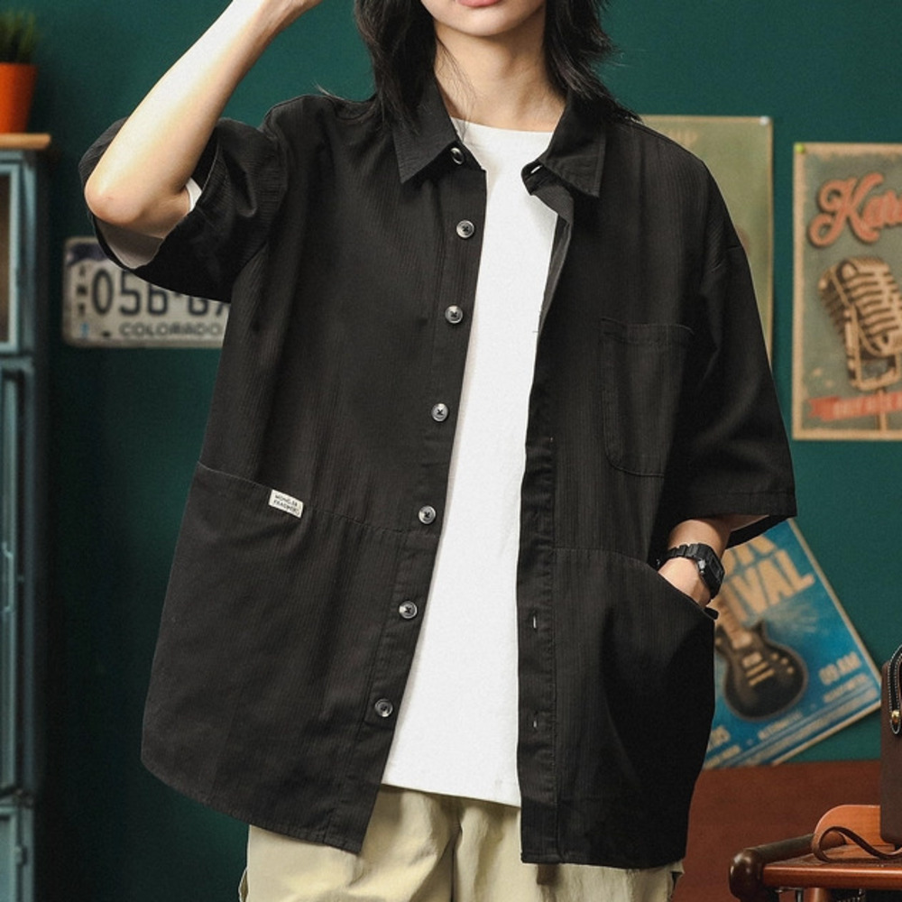 工裝短袖襯衫男寬松肌理感襯衣夏季美式高街潮牌上衣外套