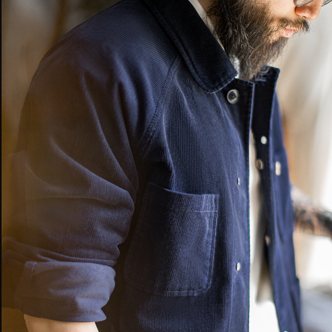 美式復古燈芯絨四袋獵裝夾克短款藏藍色翻領薄款外套男春