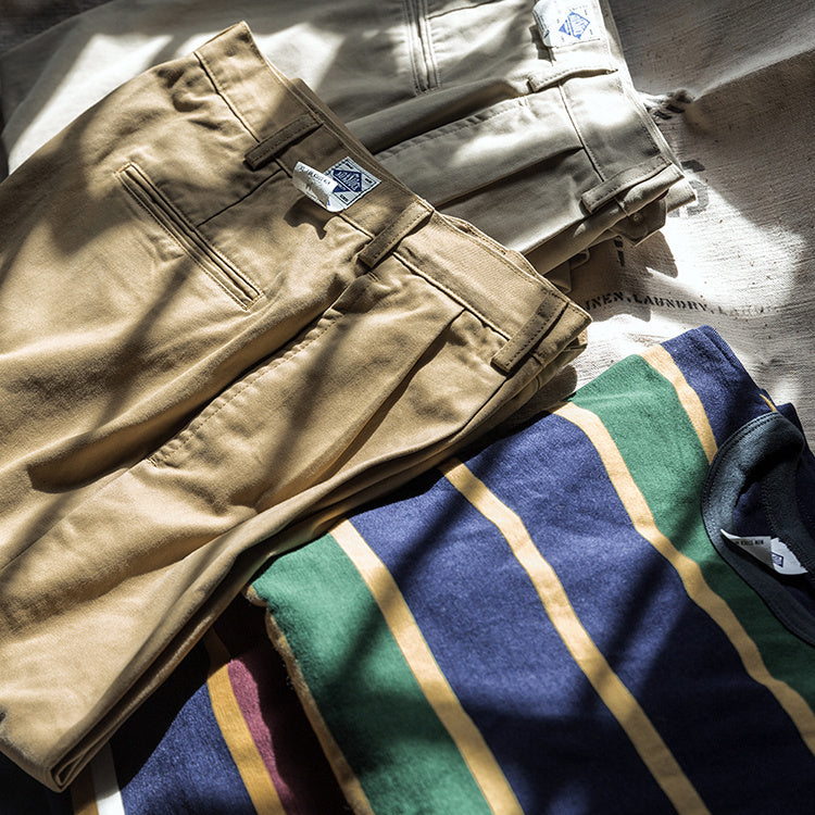 兩褶寬松休閑長褲直筒卡其褲子