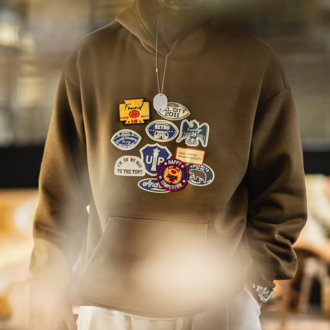 美式棕色徽章刺繡連帽衛衣加絨針織美拉德寬鬆外套男秋冬