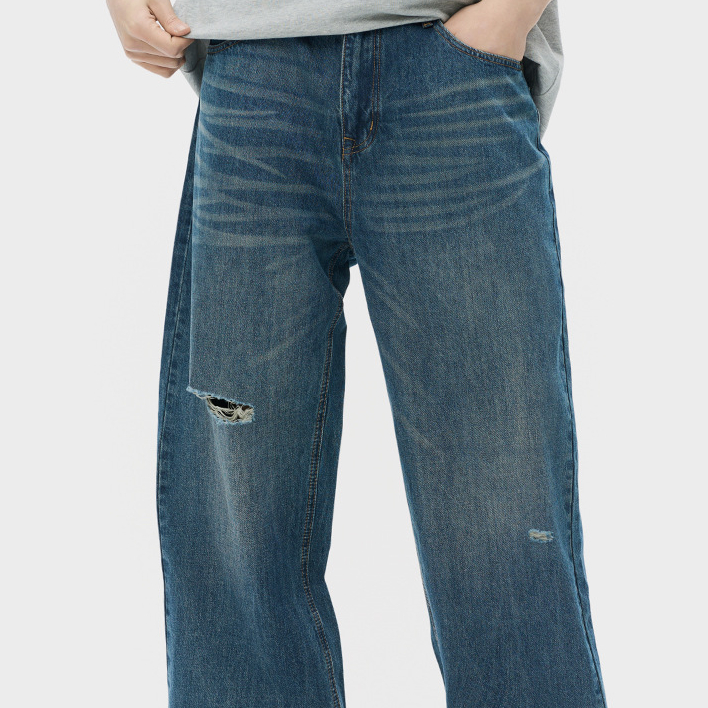 美式高街破洞水洗牛仔褲男高級感潮牌痞帥寬鬆直筒長褲子