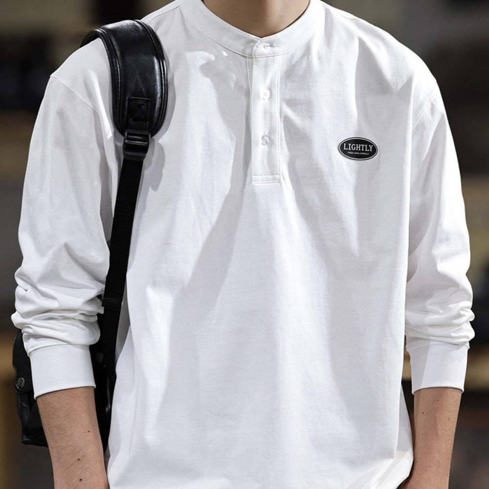 高端美式潮牌ins亨利領休閑男士長袖t恤寬松大碼百搭春季純棉衛衣
