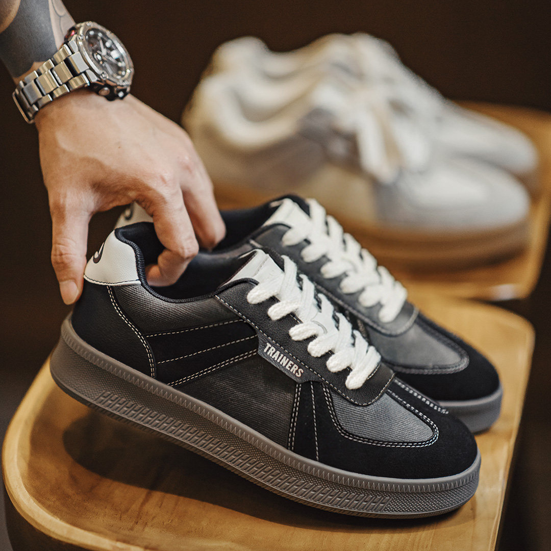 美式德訓板鞋經典復古咖色拼接厚底百搭增高鞋休閒阿甘鞋男款