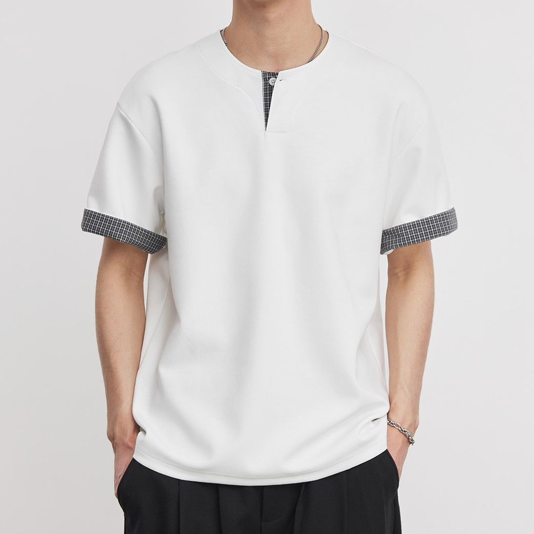 重磅260g格紋拼接小V領T恤男夏季亨利領寬鬆休閒街頭通勤短袖