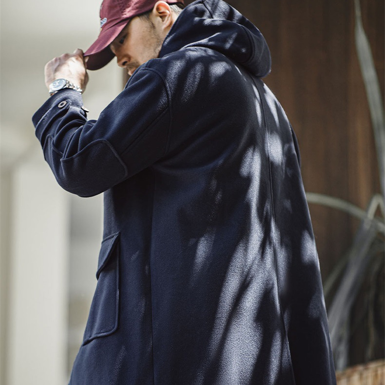 美式復古牛角扣連帽毛呢大衣學院風寬鬆長款外套男女秋冬