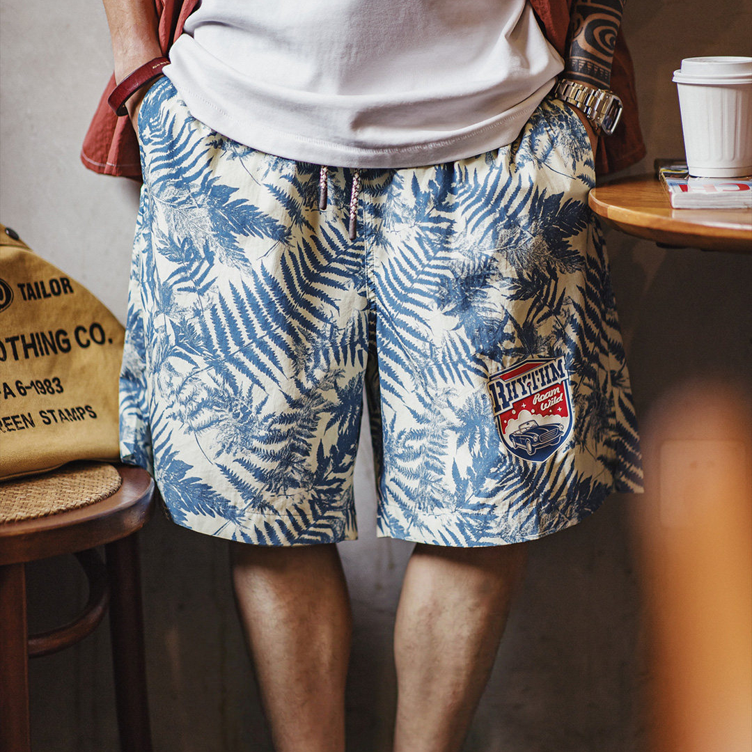 美式印花沙灘褲海邊度假短褲寬鬆薄款外穿休閒五分褲男夏