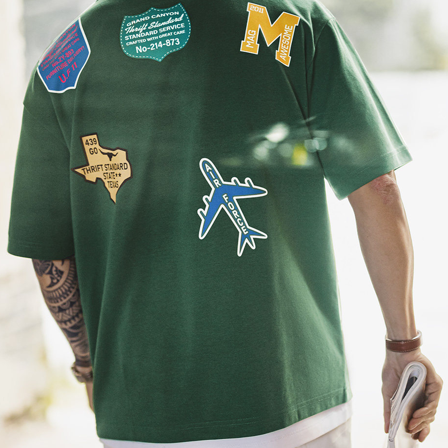 美式章仔印花T恤綠色小衆圓領正肩設計感短袖上衣男款夏