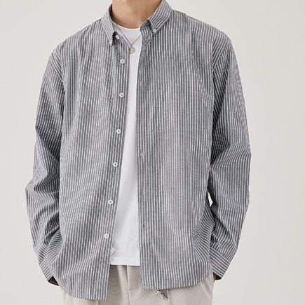 春秋新款輕商務翻領襯衣男條紋開衫長袖休閒男士襯衫