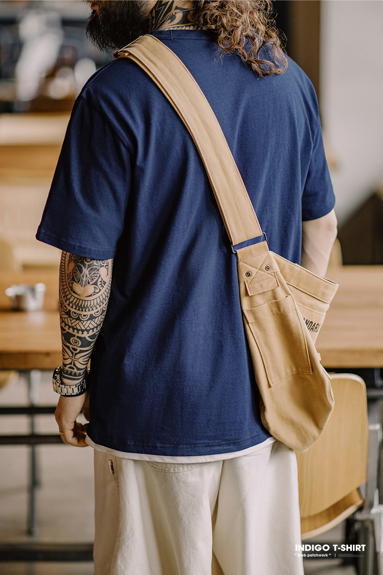 植物藍染古布拼接口袋T恤美式復古indigo純棉上衣男夏季