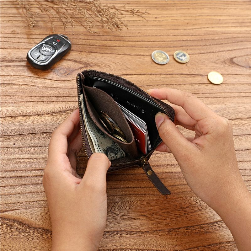復古男士瘋馬頭層牛皮短款拉鍊錢包真皮超薄橫款皮夾學生簡約錢夾
