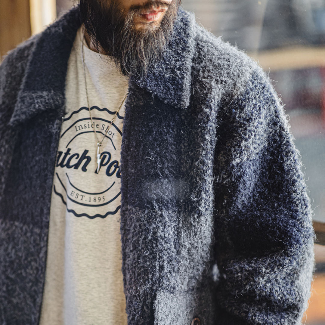 美式復古水牛格子毛織外套混紡翻領格紋開衫夾克男秋