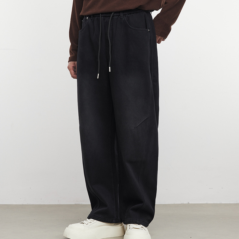 街頭480G重磅加厚休閒褲純色直筒長褲男秋冬季款小彎刀褲