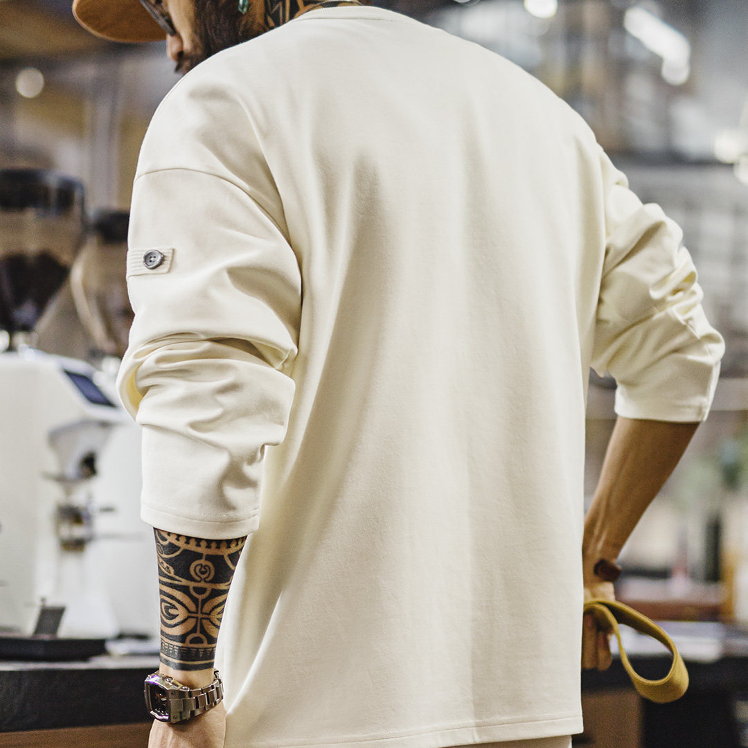 美式復古長袖T恤棉V領套頭白色寬鬆垂感外穿衛衣男款春