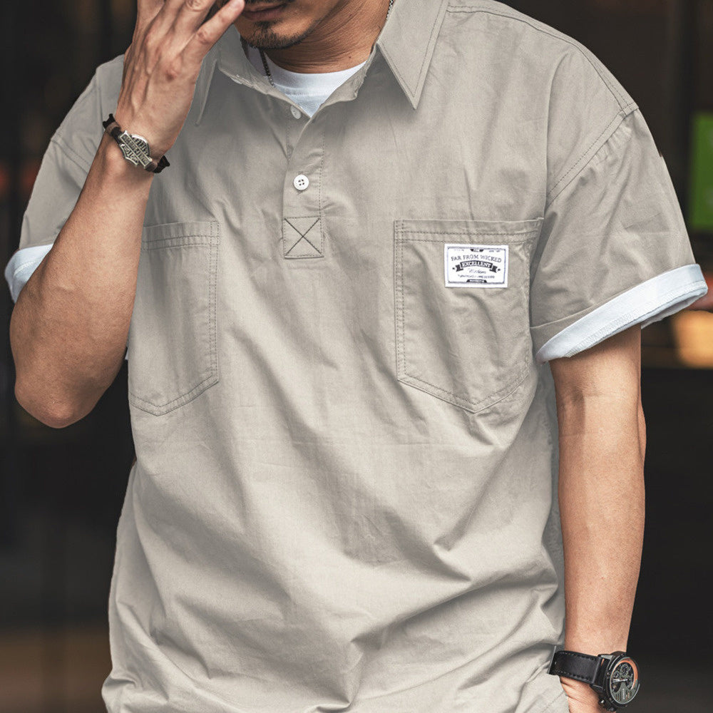 設計感美式休閑工裝短袖polo衫男夏季薄款寬松疊穿翻領襯衫T恤男