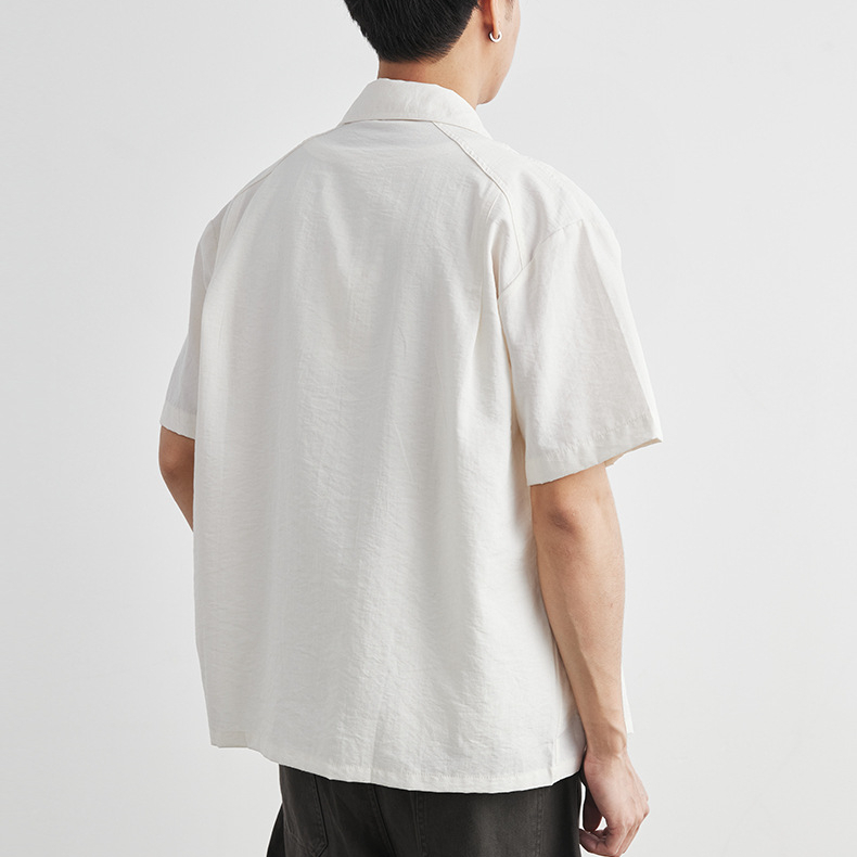 簡約輕薄古巴領短袖襯衫男夏季寬鬆落肩款日系休閒透氣襯衣