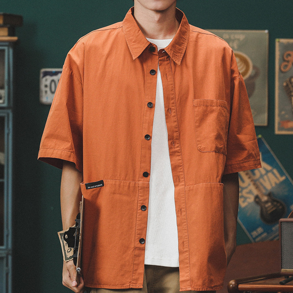 工裝短袖襯衫男寬松肌理感襯衣夏季美式高街潮牌上衣外套