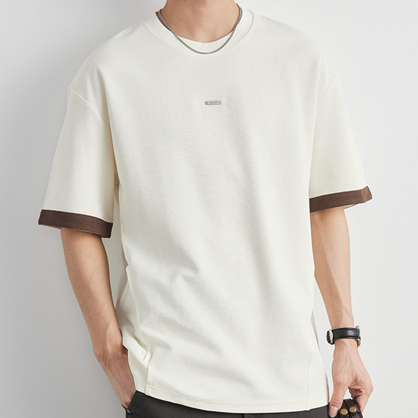 重磅220g撞色袖口小標T恤男夏季圓領寬鬆透氣親膚肌理感短袖