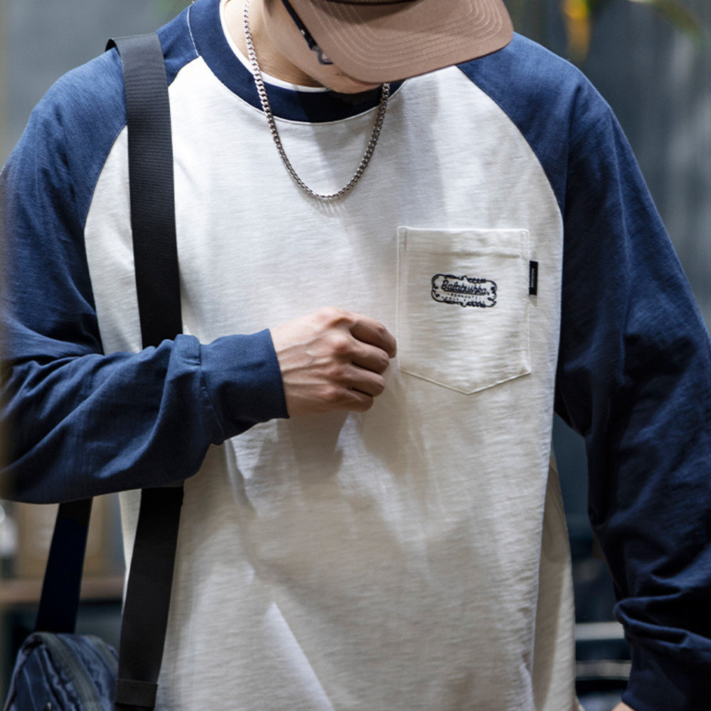 美式竹節棉長袖t恤男秋季潮牌寬松圓領撞色上衣男士休閑打底衫潮