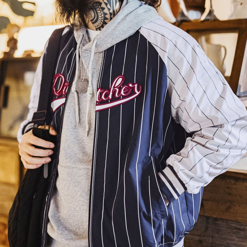 美式復古條紋棒球夾克字母刺繡徽章撞色拼接休閒外套男春