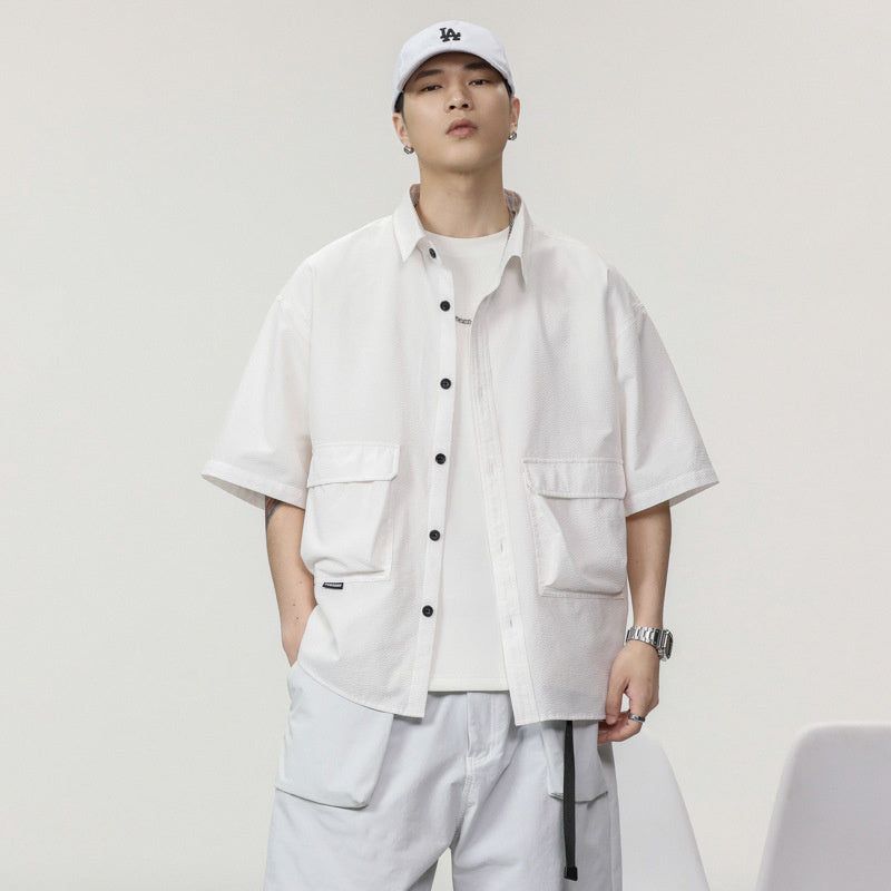 高級感短袖襯衫男夏季新款輕奢潮牌美式工裝寸襯衣男寬松半袖