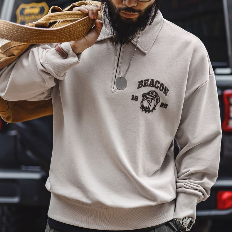 美式復古立體刺繡半開襟衛衣休閒翻領套頭polo衫上衣男春