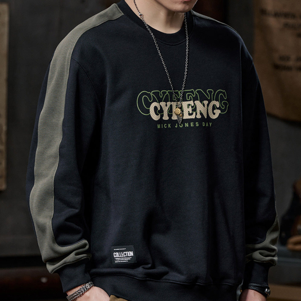 設計感撞色拼接圓領衛衣男士寬松潮牌印花上衣秋冬季400g外套