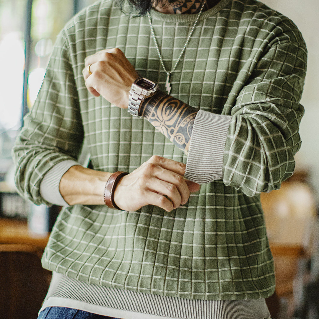 美式復古格子圓領衛衣格紋綠色長袖T恤套頭短款外套男春