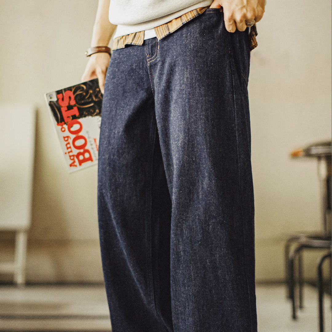 美式復古竹節深藍色牛仔褲直筒水洗丹寧休閒長褲子男士秋