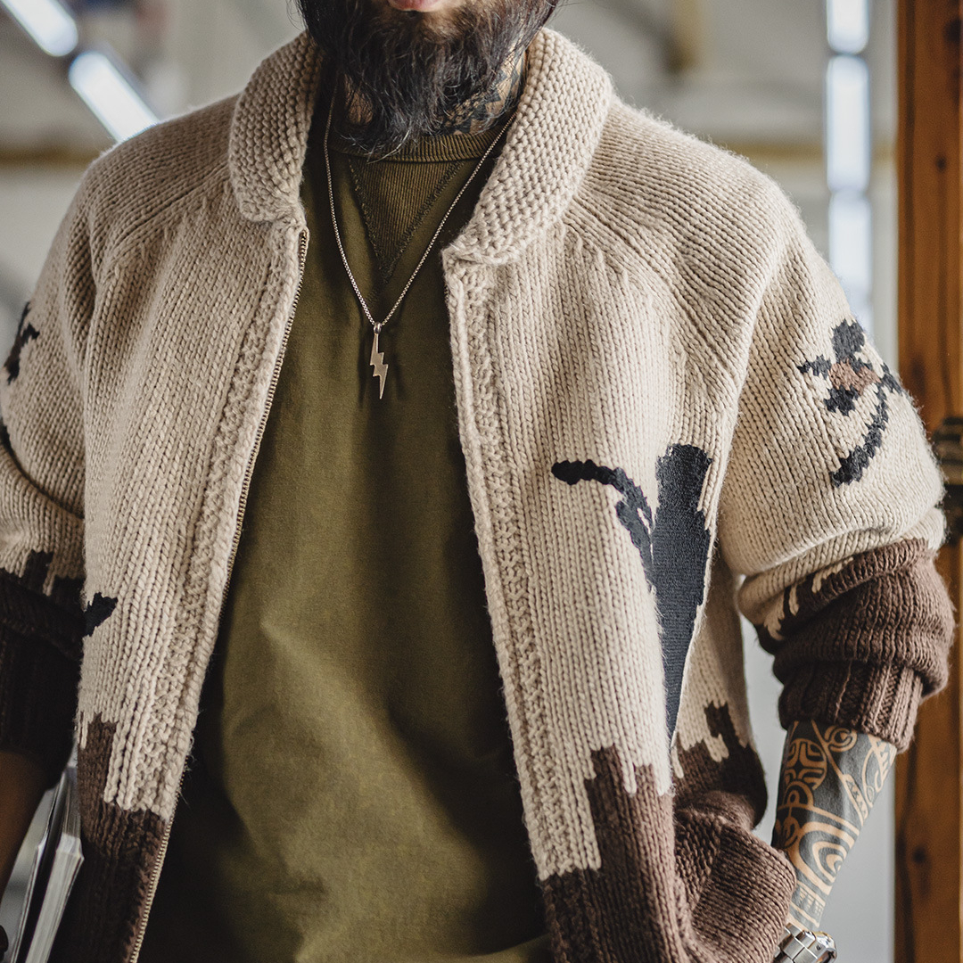 美式復古刺繡青果領毛衣卡其色開衫老錢風毛衫外套男秋冬