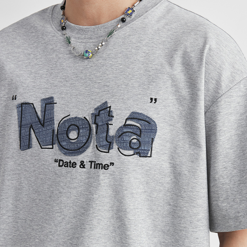 重磅220g棉圓領短袖T恤男夏季寬鬆牛仔貼布Nota字母印花上衣