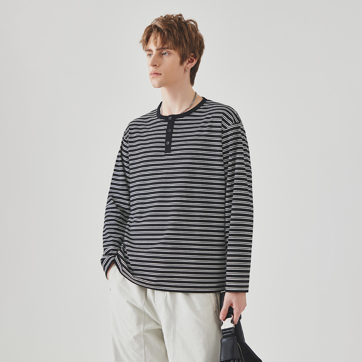 撞色條紋長袖男T恤春季新款潮牌寬鬆圓領內搭上衣打底衫