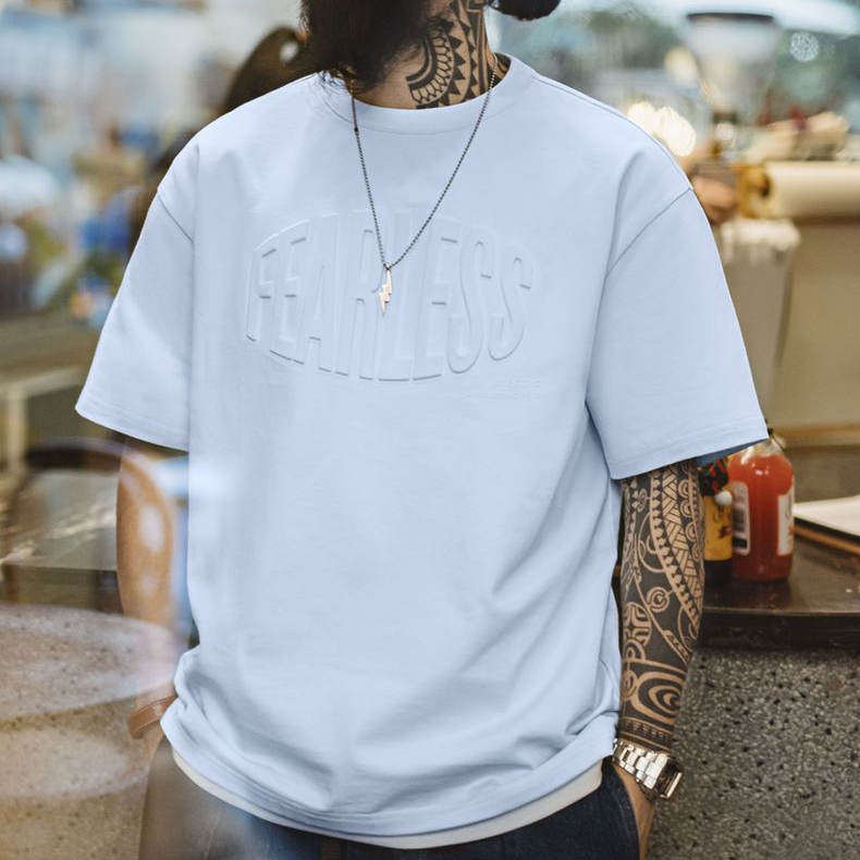 美式休閒3D印花純棉鋼印T恤淡藍透氣寬鬆高街短袖男春夏