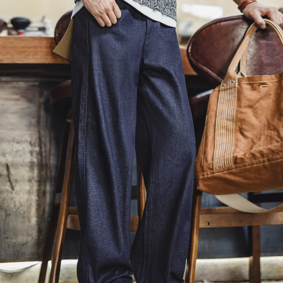 美式復古微喇闊腿直筒牛仔褲鬆弛垂感深藍色赤耳原牛男秋