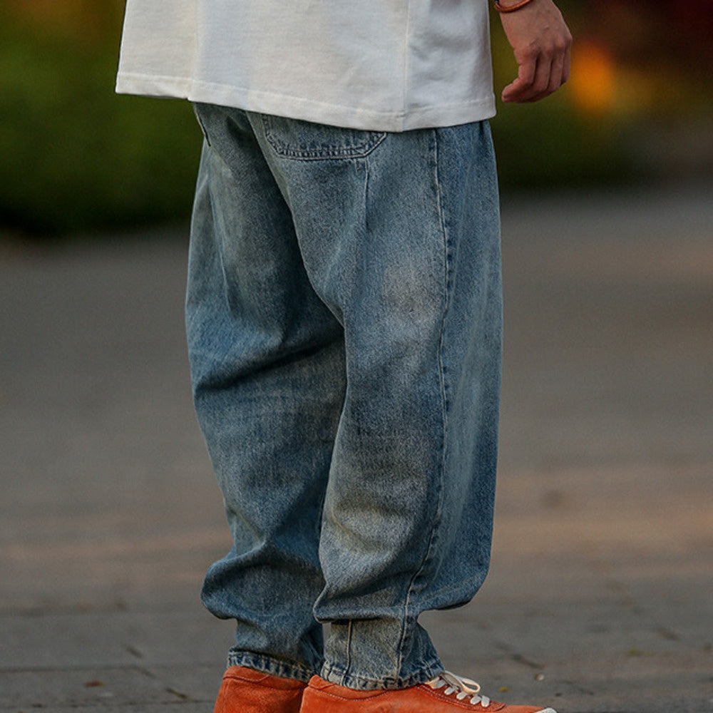 復古廓形牛仔褲男士直筒褲子男潮牌寬松做舊水洗哈倫長褲