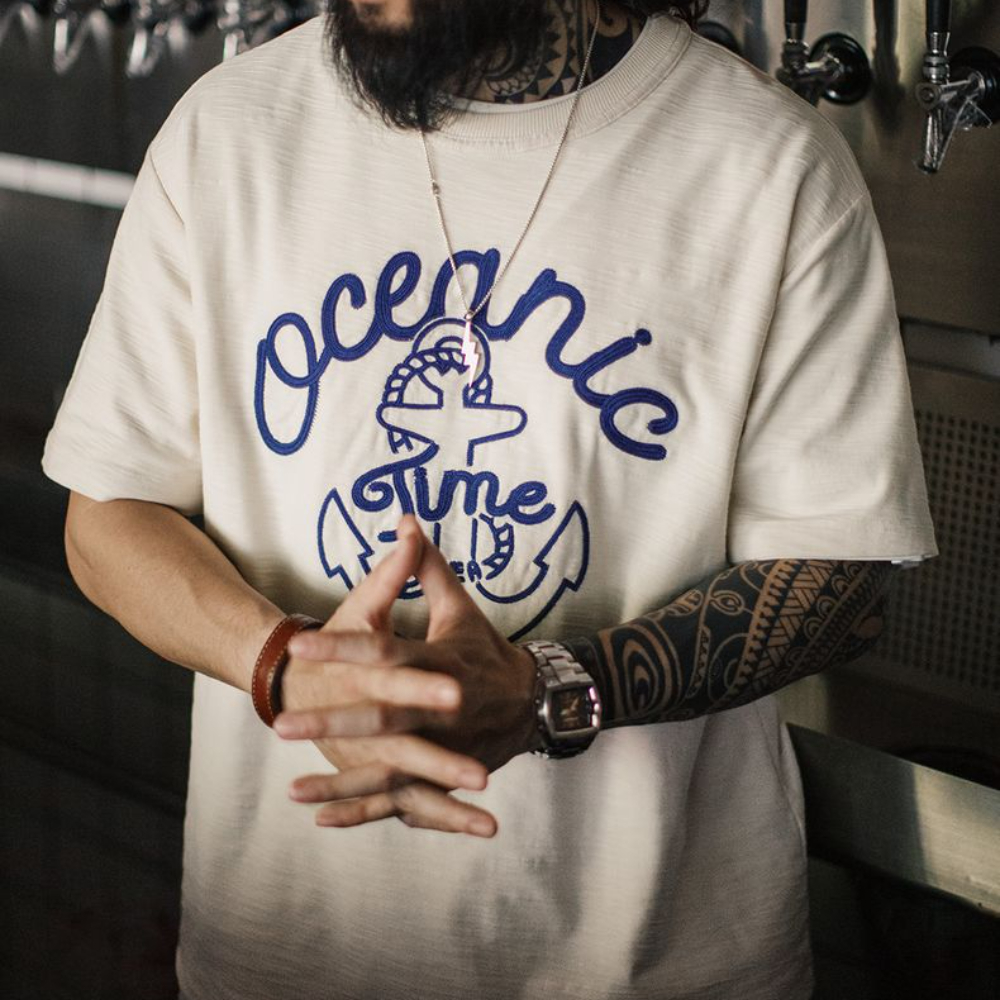 美式復古海軍刺繡T恤白色重磅竹節棉螺紋領口短袖男夏季