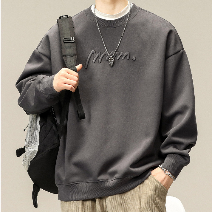 美式復古重磅刺繡衛衣男春季新款寬鬆大碼潮牌圓領上衣男