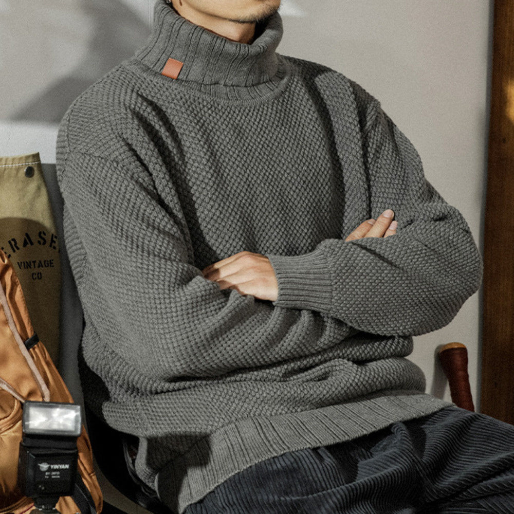 美式潮牌高领毛衣男秋冬季宽松休闲针织衫纯色长袖毛线衣