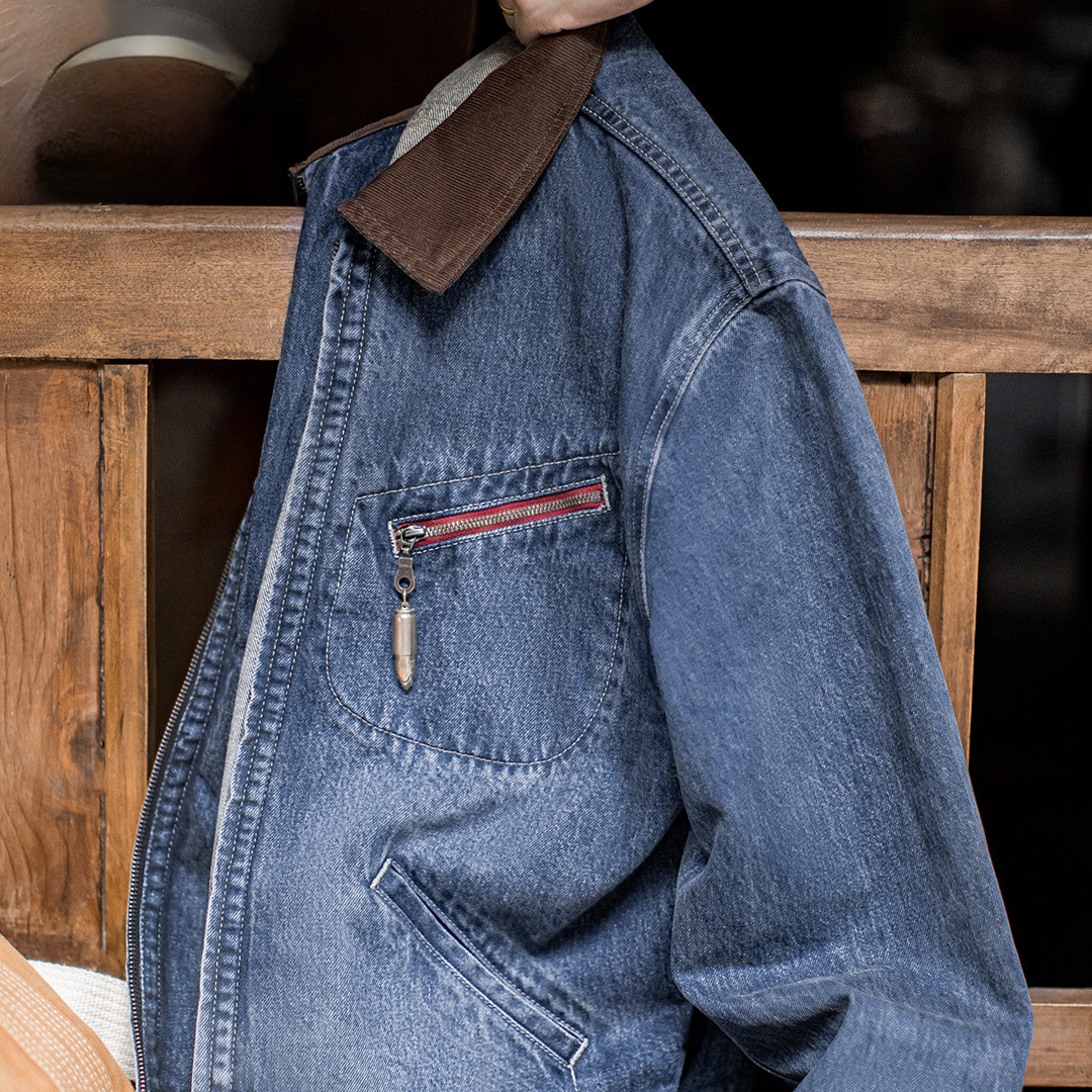 美式復古水洗牛仔底特律夾克vintage做舊短款外套男秋季