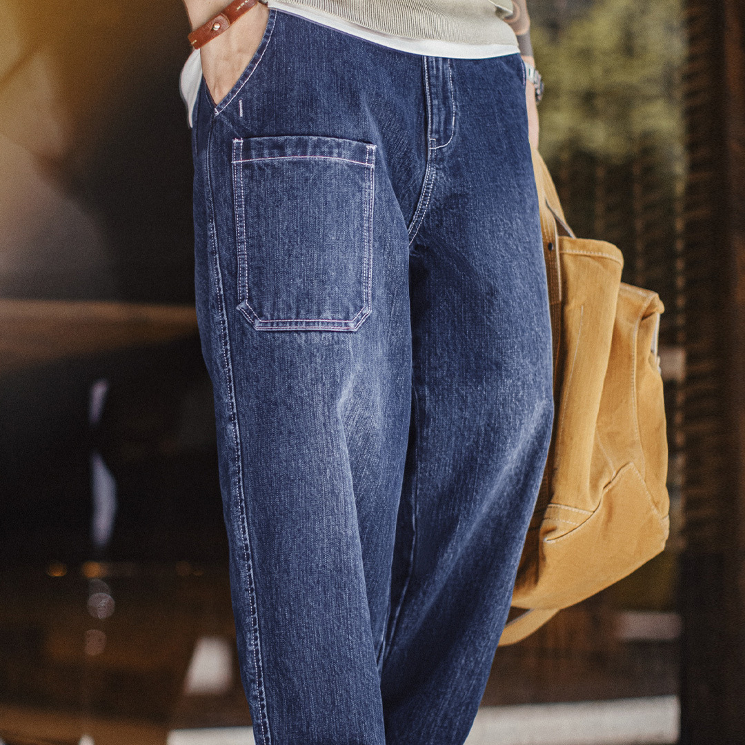 美式竹節水洗牛仔褲丹寧藍色直筒微錐型休閒長褲子男秋冬