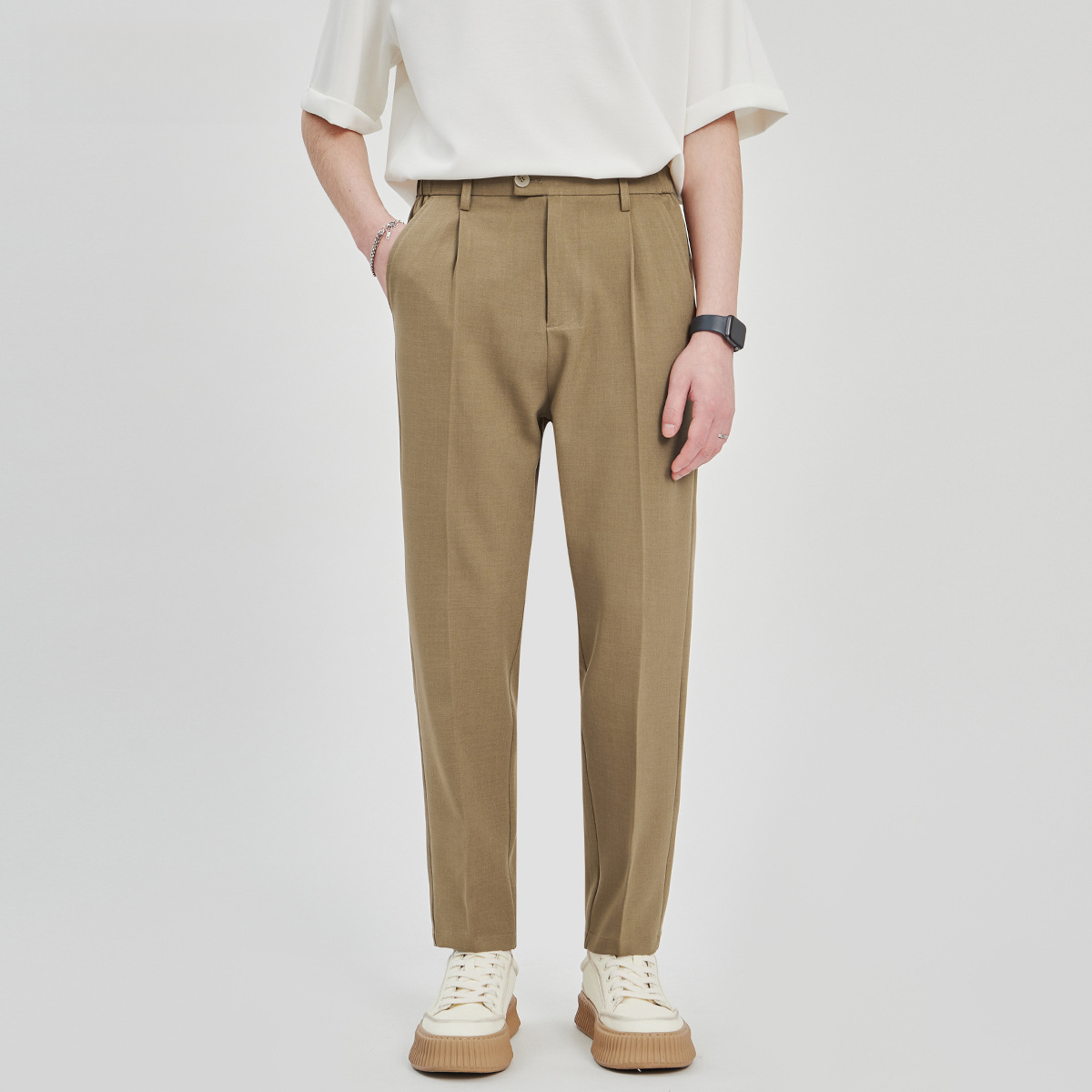 重磅男士休閒褲夏季新款抗皺梭織寬鬆直筒西褲九分褲