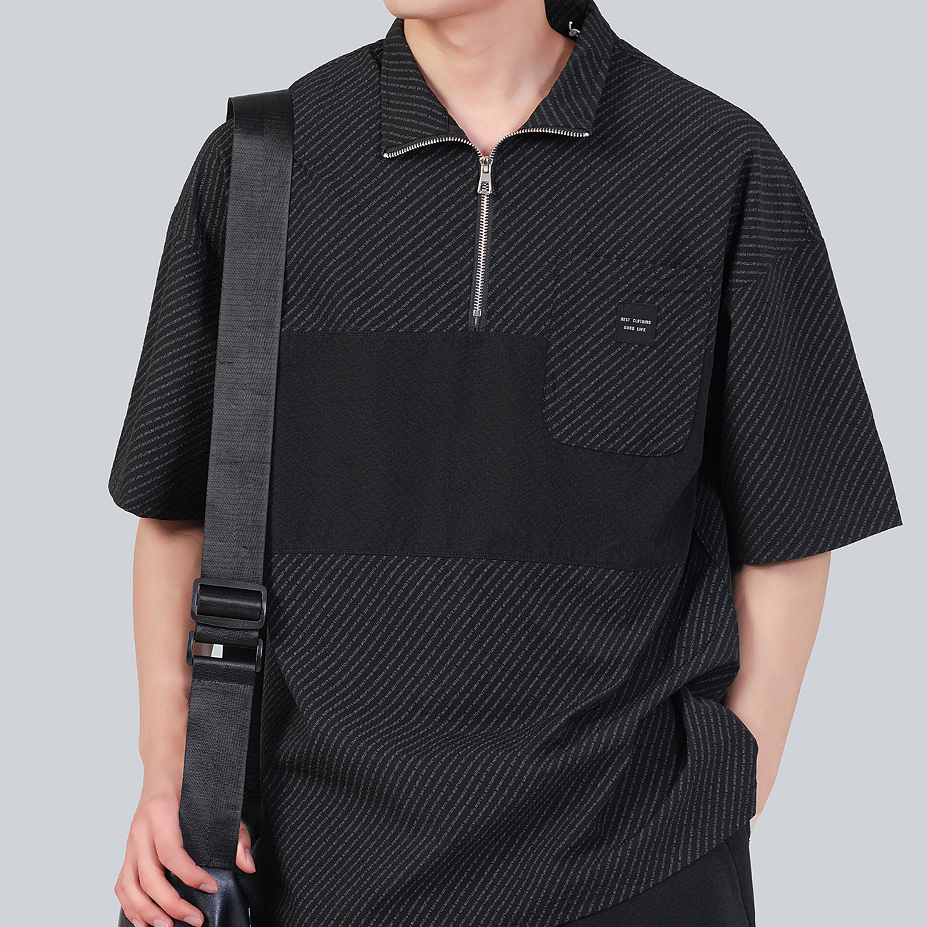 美式設計感拼接半拉鍊短袖polo衫T恤男夏季薄款透氣保羅衫