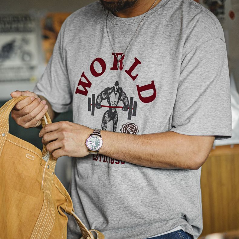 美式復古猩猩印花T恤雙紗純棉重磅休閒花灰色短袖男夏季