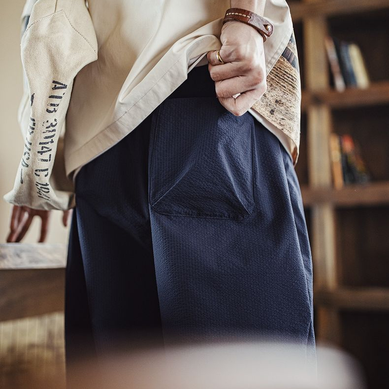 美式休閒束腰泡泡紗日系燈籠褲男寬鬆闊腿透氣彎刀褲春夏