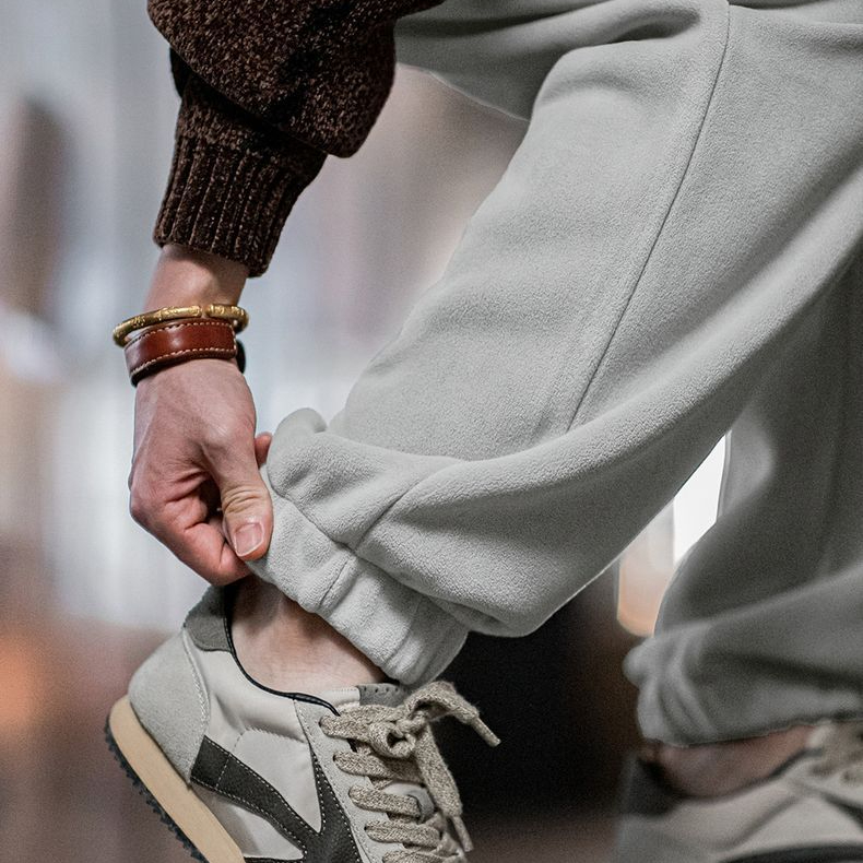 美式雙面搖粒絨束腳衛褲加絨保暖運動休閒直筒長褲男秋冬